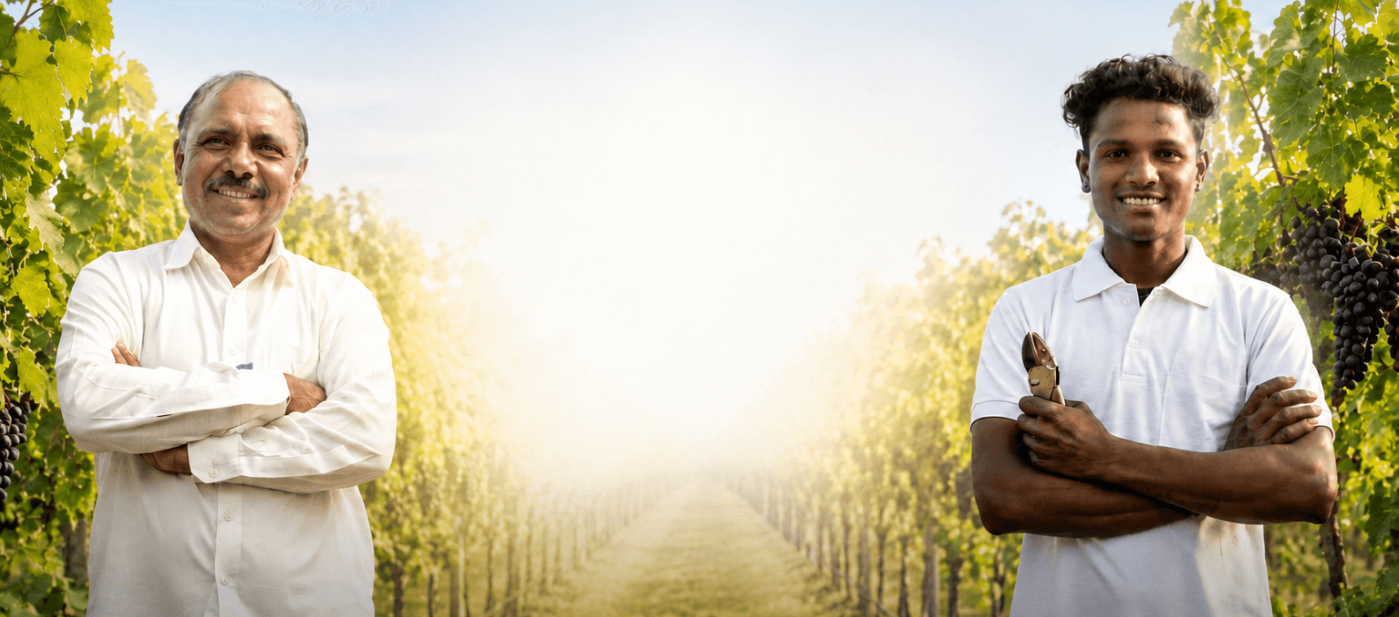 Two farmers standing in a lush vineyard